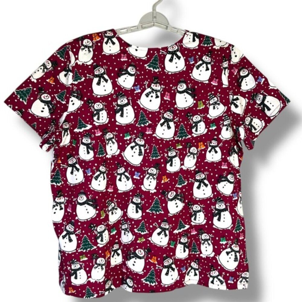 Tafford Scrub Top 100% Cotton Holiday Snowman Christmas Burgundy Red Women XL - Picture 2 of 13